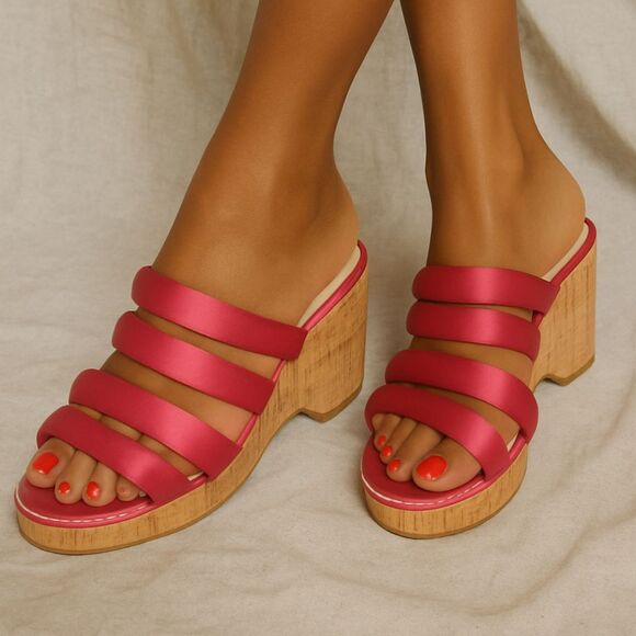 Sam Edelman Puffy Satin Pink Fuschia Strappy Wedge Espadrille Sandals Size 7.5 - Picture 1 of 7